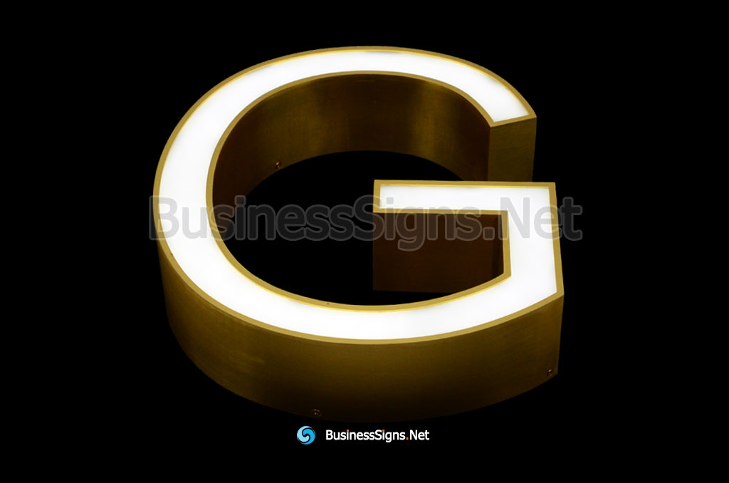 3D LED Front-lit Business Signs With Brushed Gold Plated Stainless Steel Letter Shell And Face Return