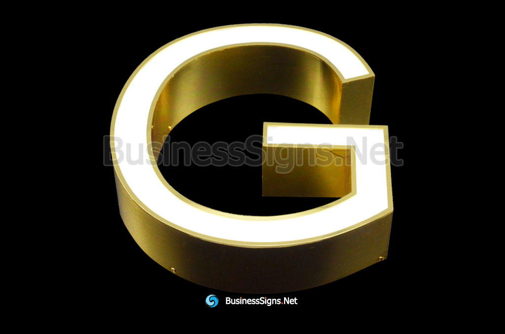 3D LED Front-lit Business Signs With Mirror Polished Gold Plated Stainless Steel Letter Shell And Face Return