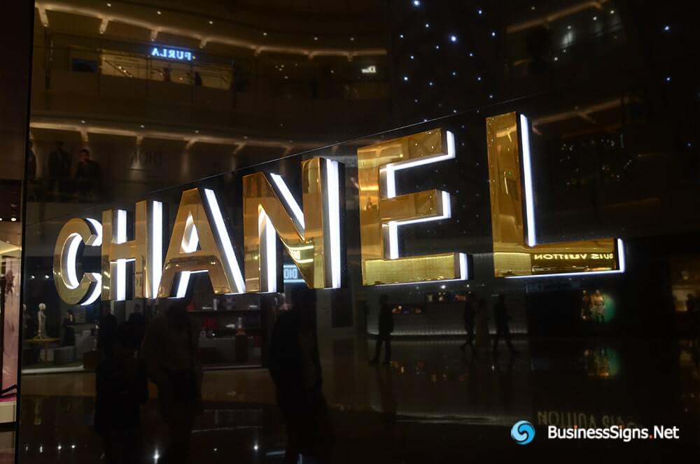 3D LED Backlit Business Signs With Gold Plated Mirror Polished Stainless Steel Letter Shell And Visible Acrylic Back-panel